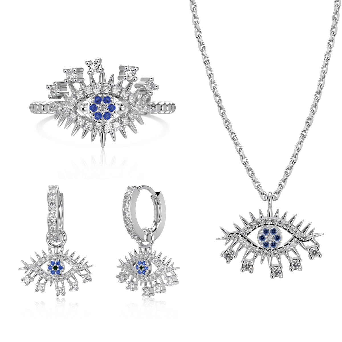 Ice Aura Collection S925 Sterling Silver Evil Eye Blue Jewelry Set with Sona Simulated Diamonds for Women - Rings, Necklace, Earrings