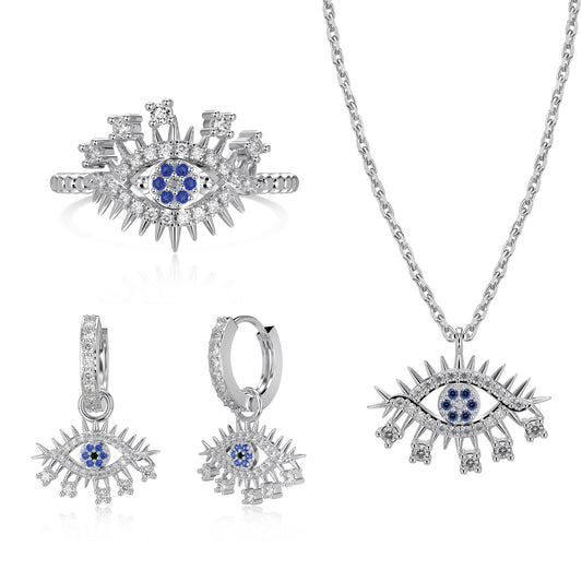 Ice Aura Collection S925 Sterling Silver Evil Eye Blue Jewelry Set with Sona Simulated Diamonds for Women - Rings, Necklace, Earrings