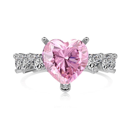 Astral Trace Series: S925 Sterling Silver 4.0 Carats 8A Pink Heart-Cut Center Stone Ring with Diamond-like White Zirconia Accents - Elegant Wedding Ring for Women