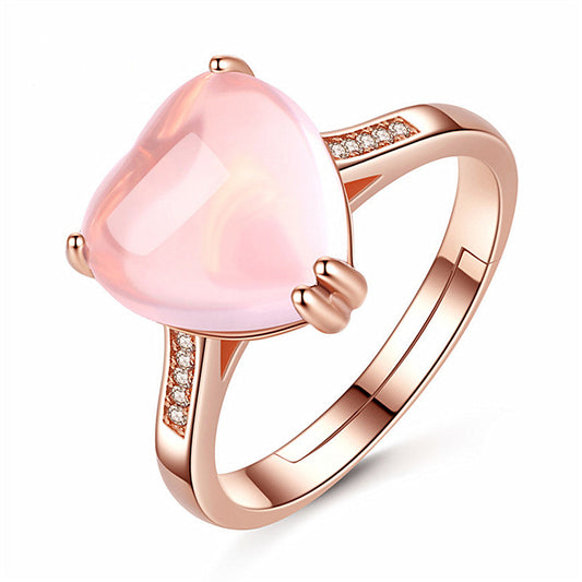 Korean version of pink crystal heart-shaped ring, silver natural crystal hibiscus stone ring, female 18K rose gold plated hand ornament, on behalf of the hair gang