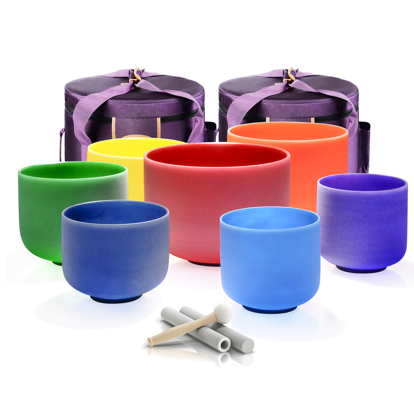 7 Coloured Crystal Singing Bowls Set - Himalayan Quartz, 432 Hz Tuning, Chakra Healing