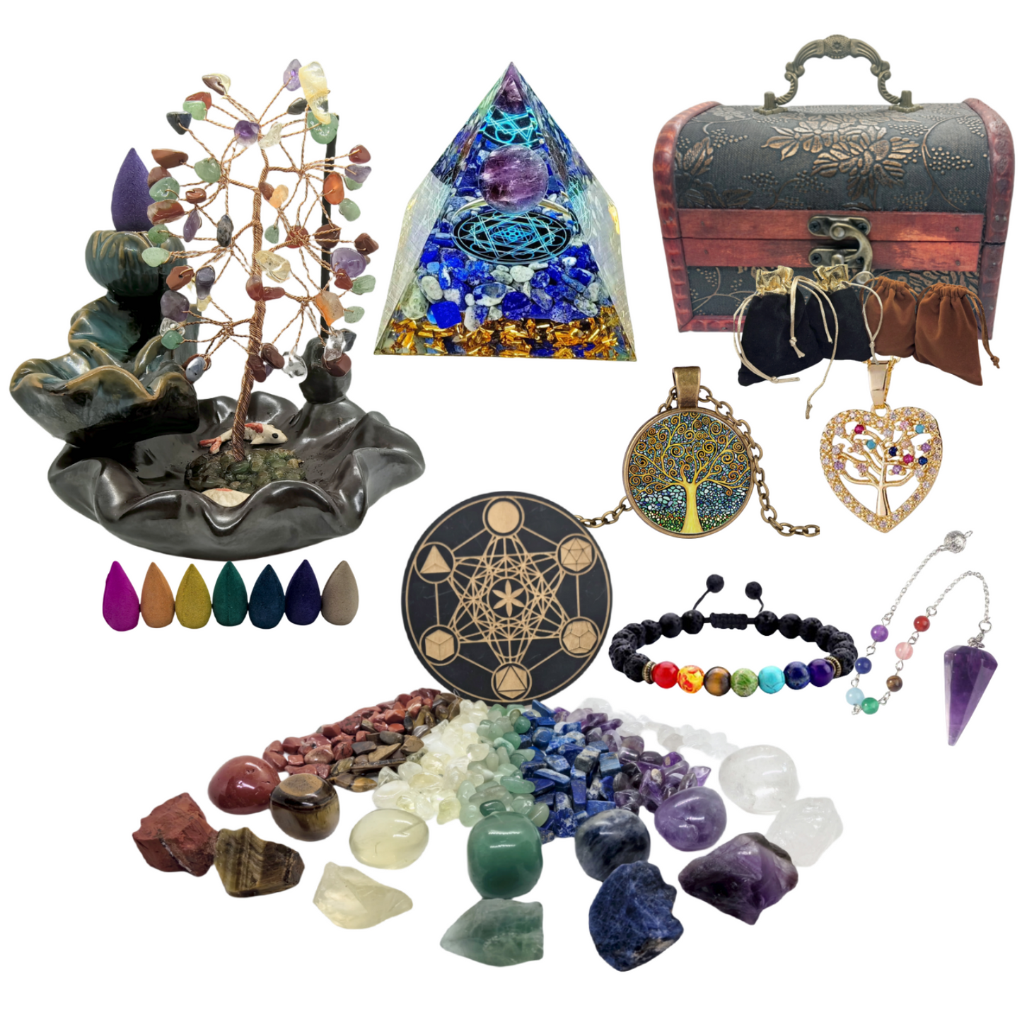 Chakra Healing Crystals Set with Tree of Life and Orgone Pyramid