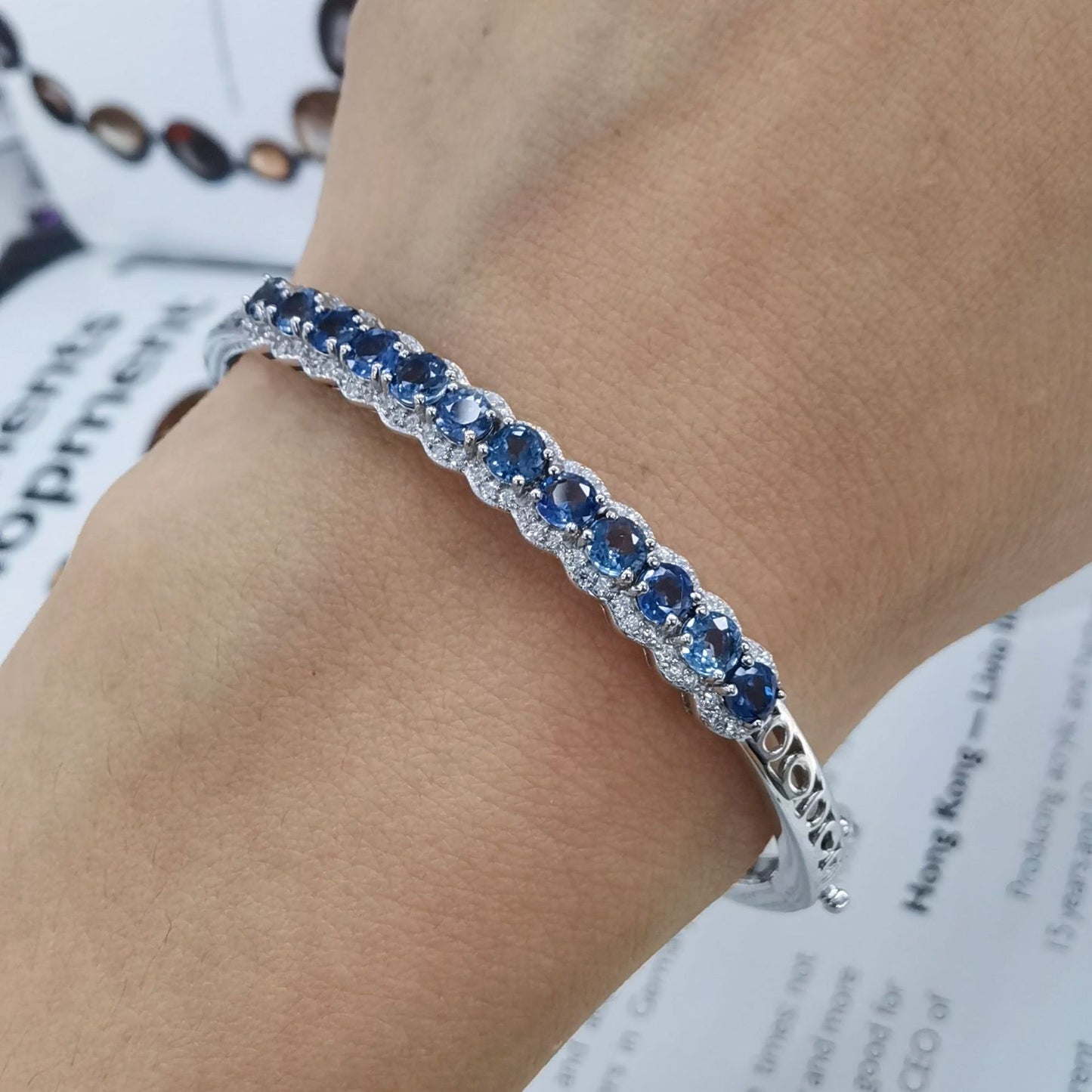 925 Sterling Silver 18K White Gold Plated Aquamarine Blue Sapphire Freeform Bracelet 