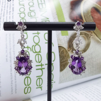 925 Sterling Silver Instagram-Inspired Earrings with 18K White Gold Plating & Genuine Purple Amethyst Stones 