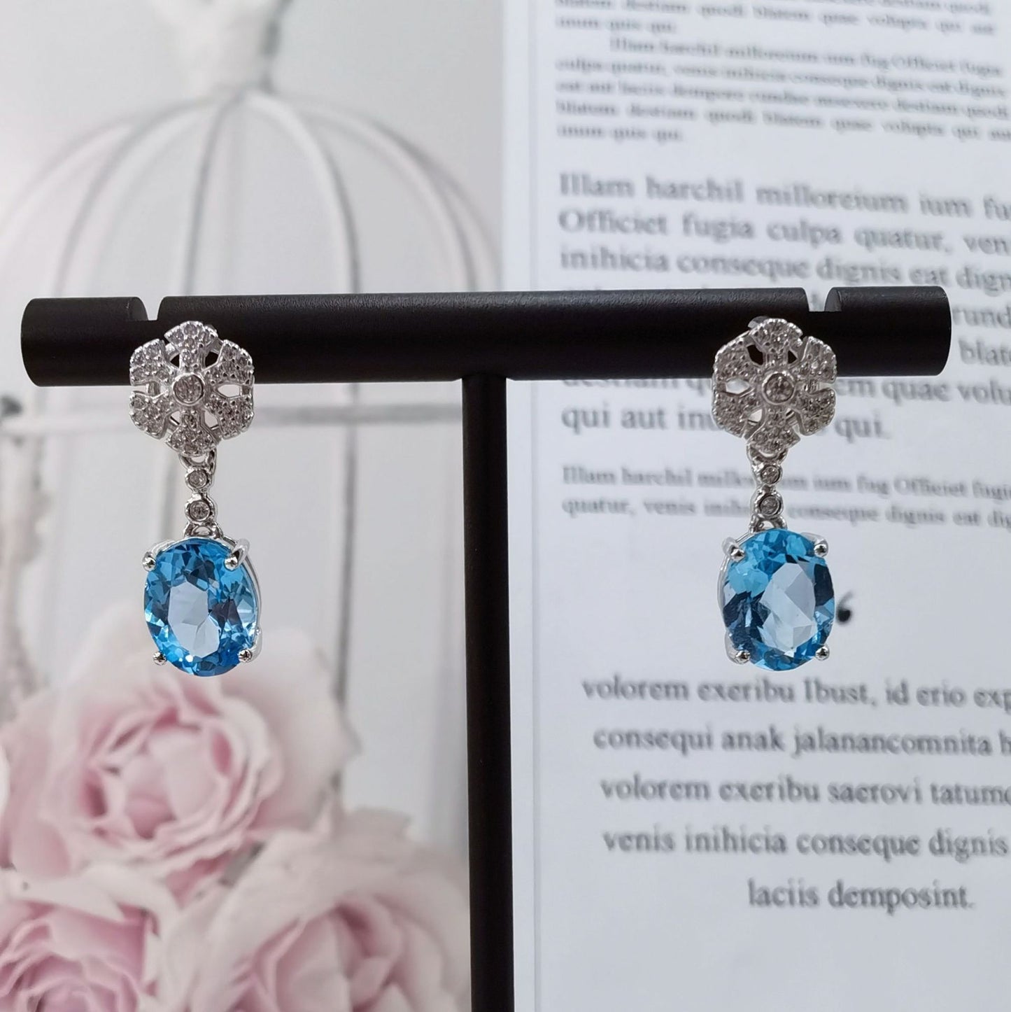 925 Sterling Silver 18K White Gold Plated Blue Sapphire Freeform Earrings