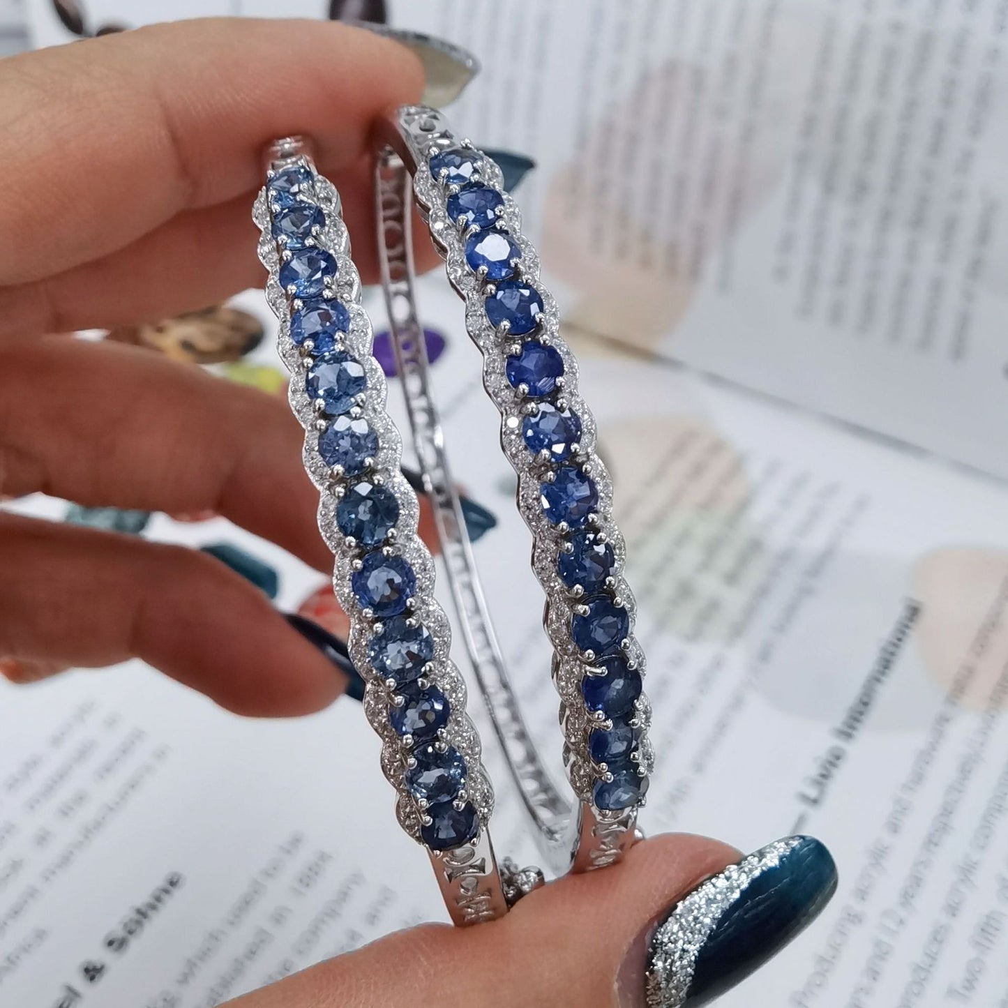 925 Sterling Silver 18K White Gold Plated Aquamarine Blue Sapphire Freeform Bracelet 