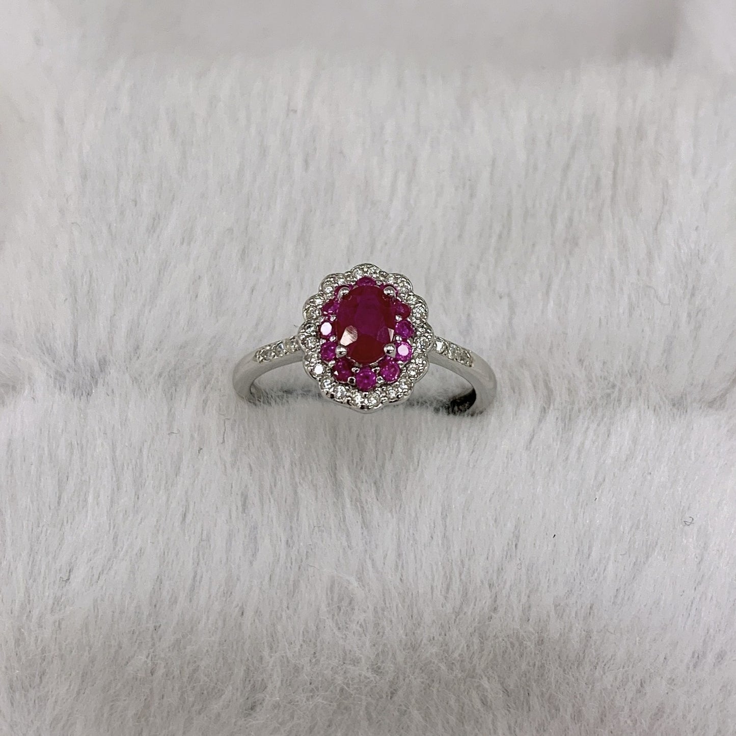 925 Sterling Silver Oval Cut Ruby Ring with 18K White Gold Plating