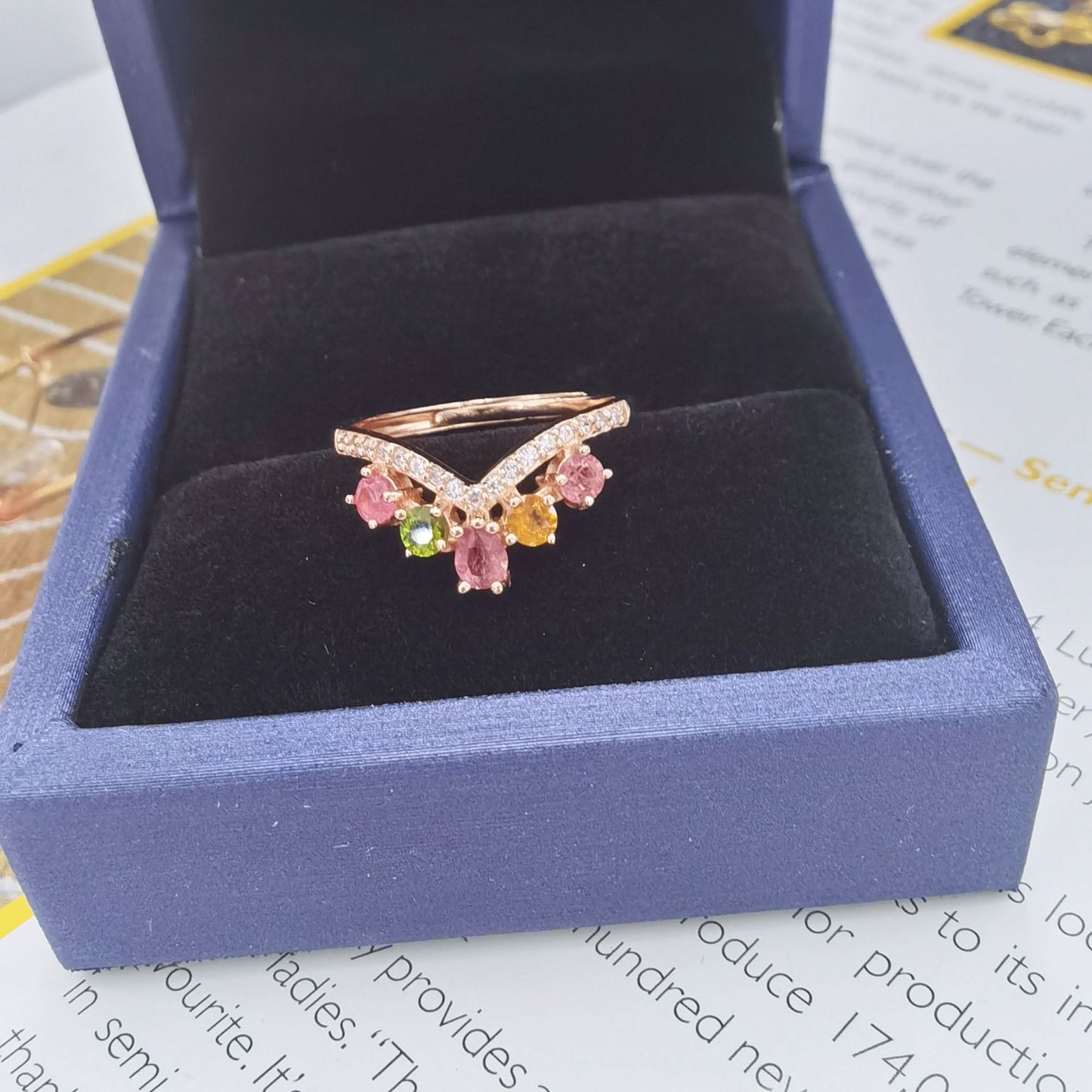 BlingHealing 925 Sterling Silver 18K Rose Gold Plated Multicolor Tourmaline Round Cut Freeform Ring