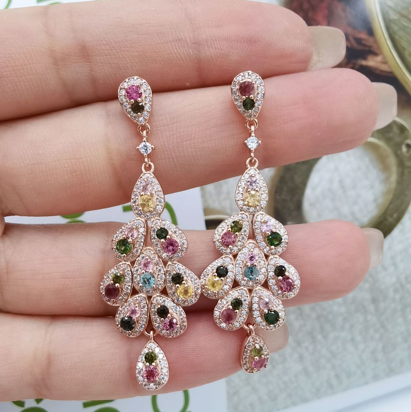 925 Sterling Silver 18K Rose Gold Plated Multicolor Tourmaline Round Cut Freeform Earrings