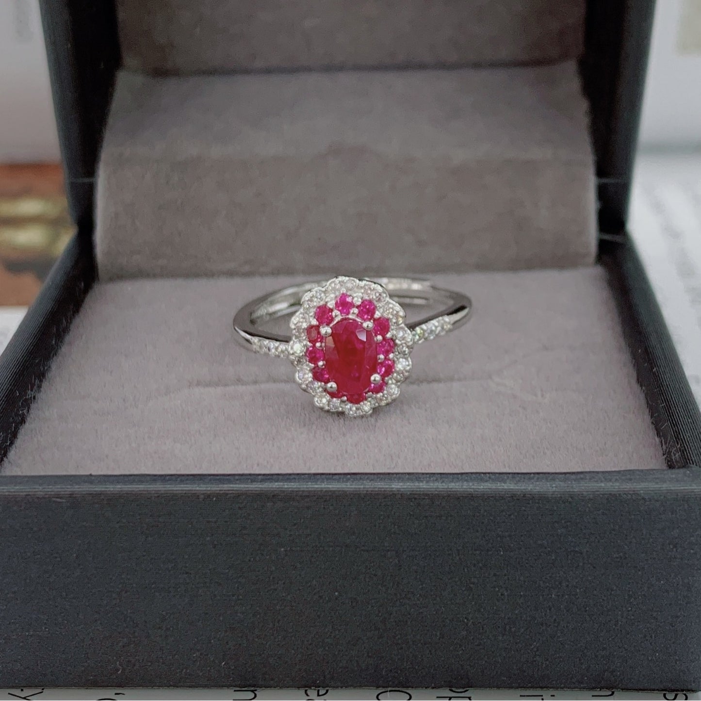 925 Sterling Silver Oval Cut Ruby Ring with 18K White Gold Plating