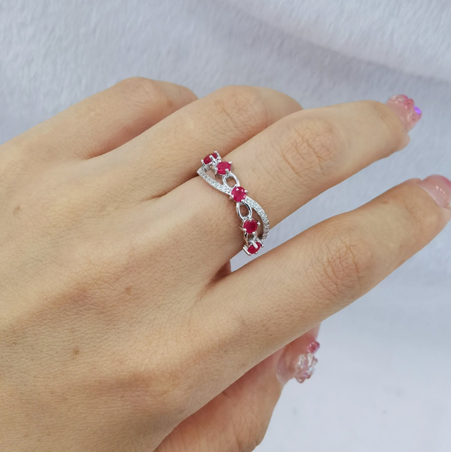 925 Sterling Silver 18K White Gold Plated Heart-Cut Ruby Freeform Ring 