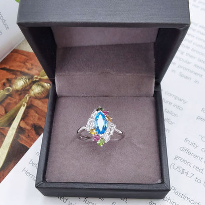 925 Sterling Silver 18K White Gold Plated Blue Opal Freeform Ring 