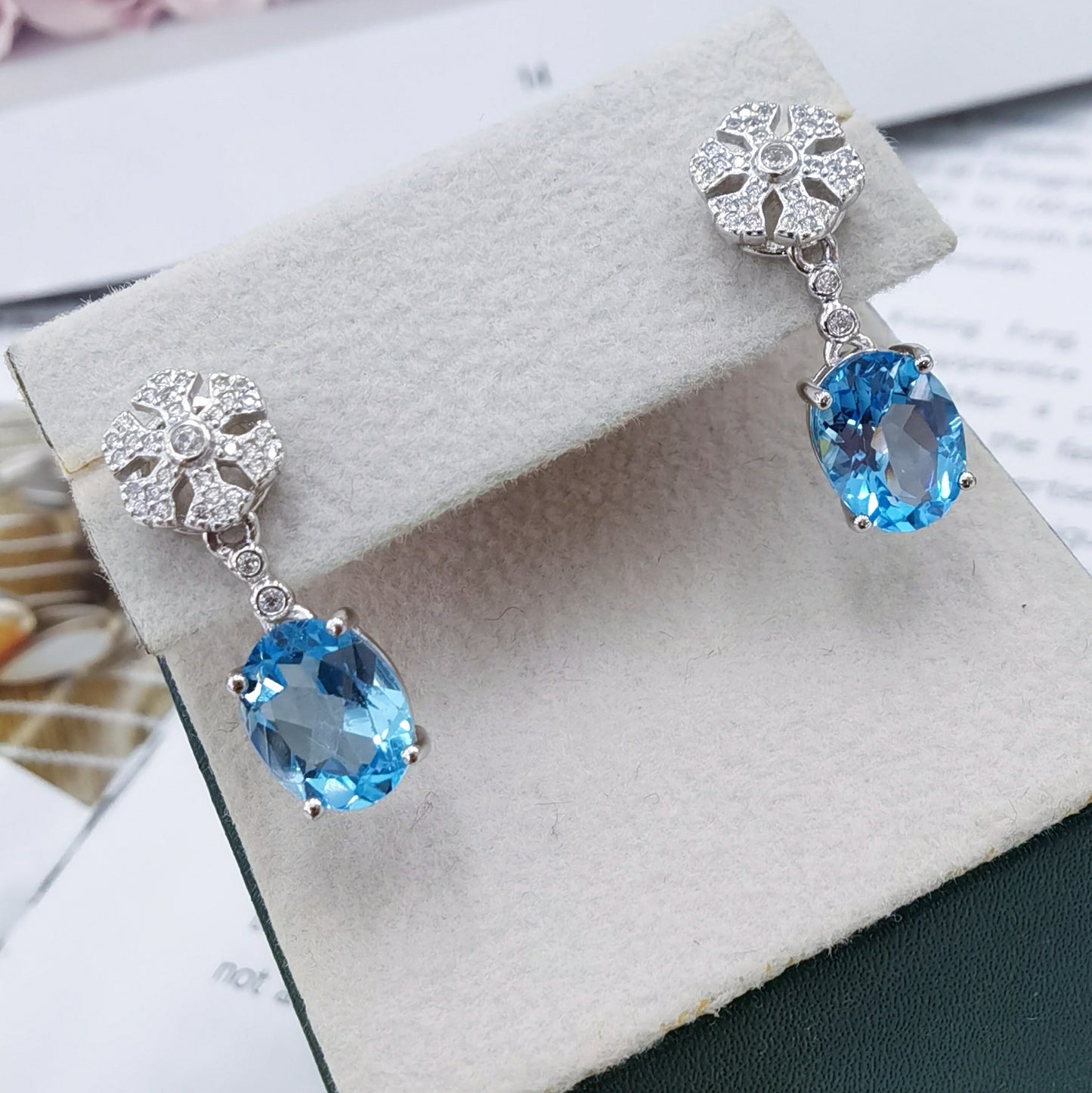 925 Sterling Silver 18K White Gold Plated Blue Sapphire Freeform Earrings