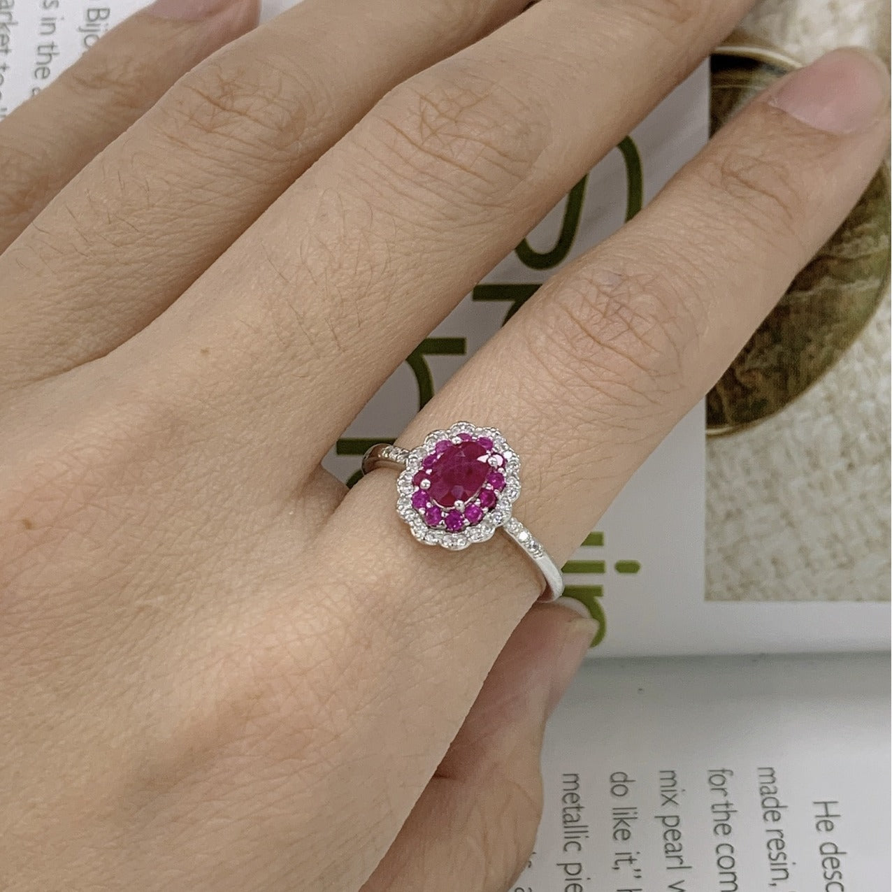 925 Sterling Silver Oval Cut Ruby Ring with 18K White Gold Plating