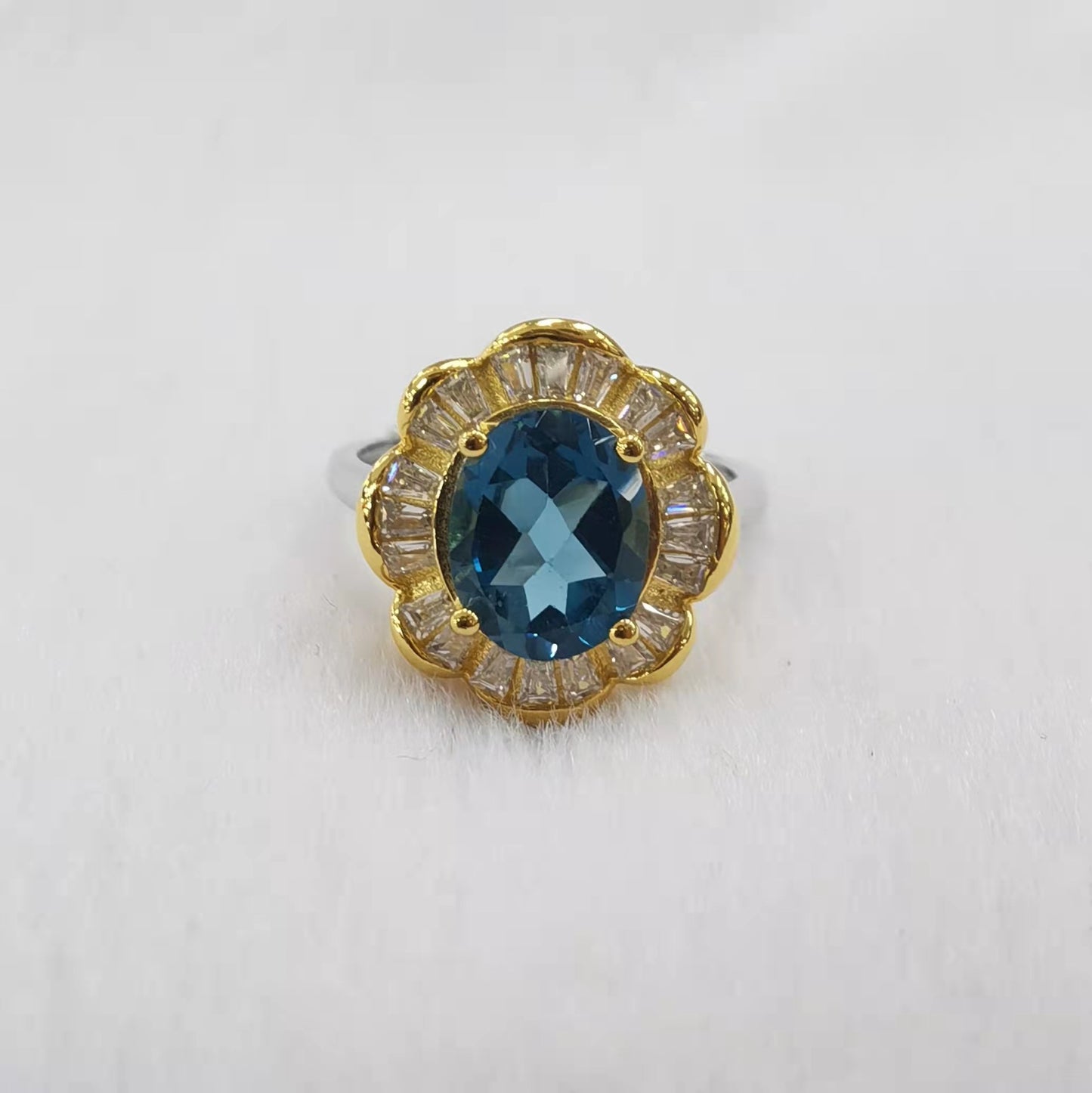 925 Sterling Silver Blue Opal Ring with 18K Yellow Gold Plating 