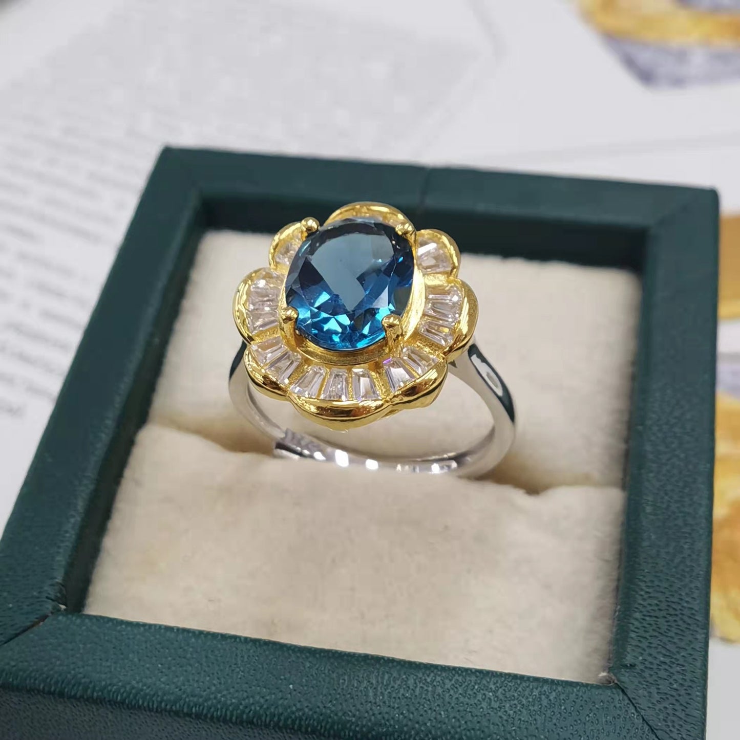 925 Sterling Silver Blue Opal Ring with 18K Yellow Gold Plating 