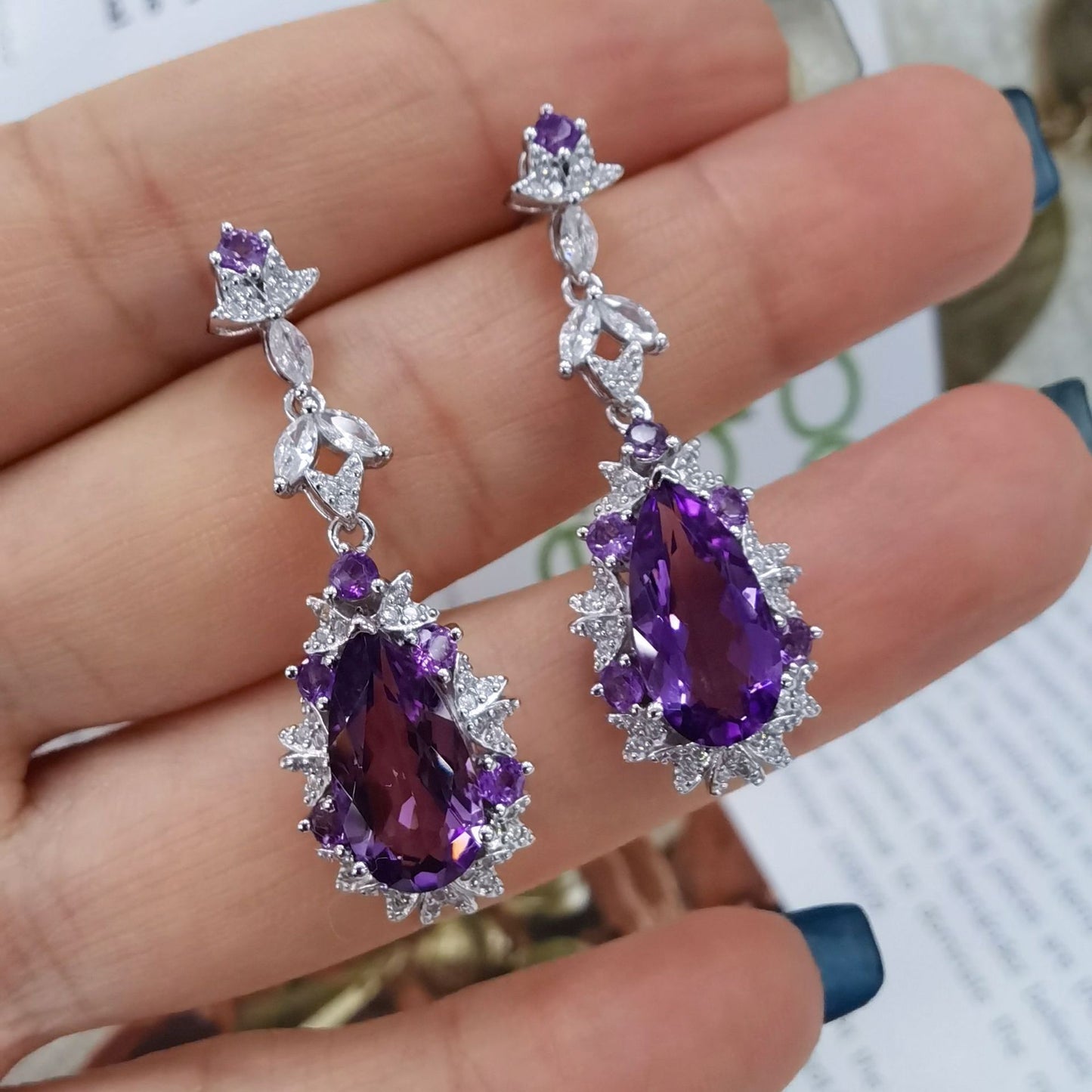 925 Sterling Silver Instagram-Inspired Earrings with 18K White Gold Plating & Genuine Purple Amethyst Stones 