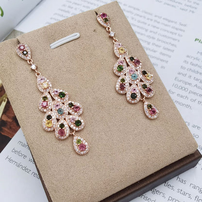 925 Sterling Silver 18K Rose Gold Plated Multicolor Tourmaline Round Cut Freeform Earrings