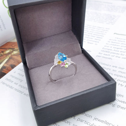 925 Sterling Silver 18K White Gold Plated Blue Opal Freeform Ring 