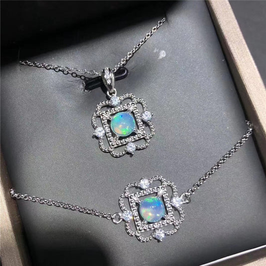 Vintage Style Opal Bracelet & Pendant Set in 925 Sterling Silver with 18K White Gold Plating