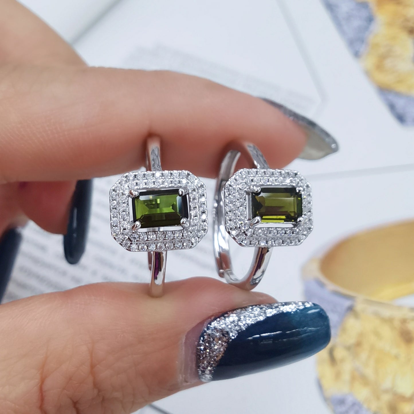 925 Sterling Silver Tourmaline Ring with 18K White Gold Plating - Instagram-Inspired Green