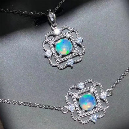 Vintage Style Opal Bracelet & Pendant Set in 925 Sterling Silver with 18K White Gold Plating