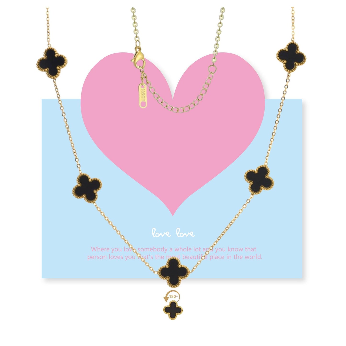 Gold Plated Four-Leaf Clover Necklace with Love Greeting Cards and Cleaning Cloth, Adjustable Double-Sided Inlays Black Clover Necklace Gold Jewelry Set, Gold Necklaces for Women