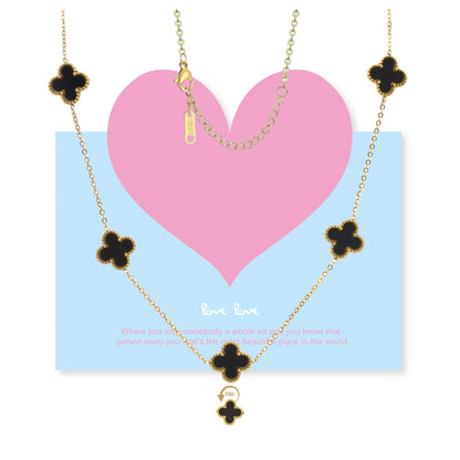 Gold Plated Four-Leaf Clover Necklace with Love Greeting Cards and Cleaning Cloth, Adjustable Double-Sided Inlays Black Clover Necklace Gold Jewelry Set, Gold Necklaces for Women