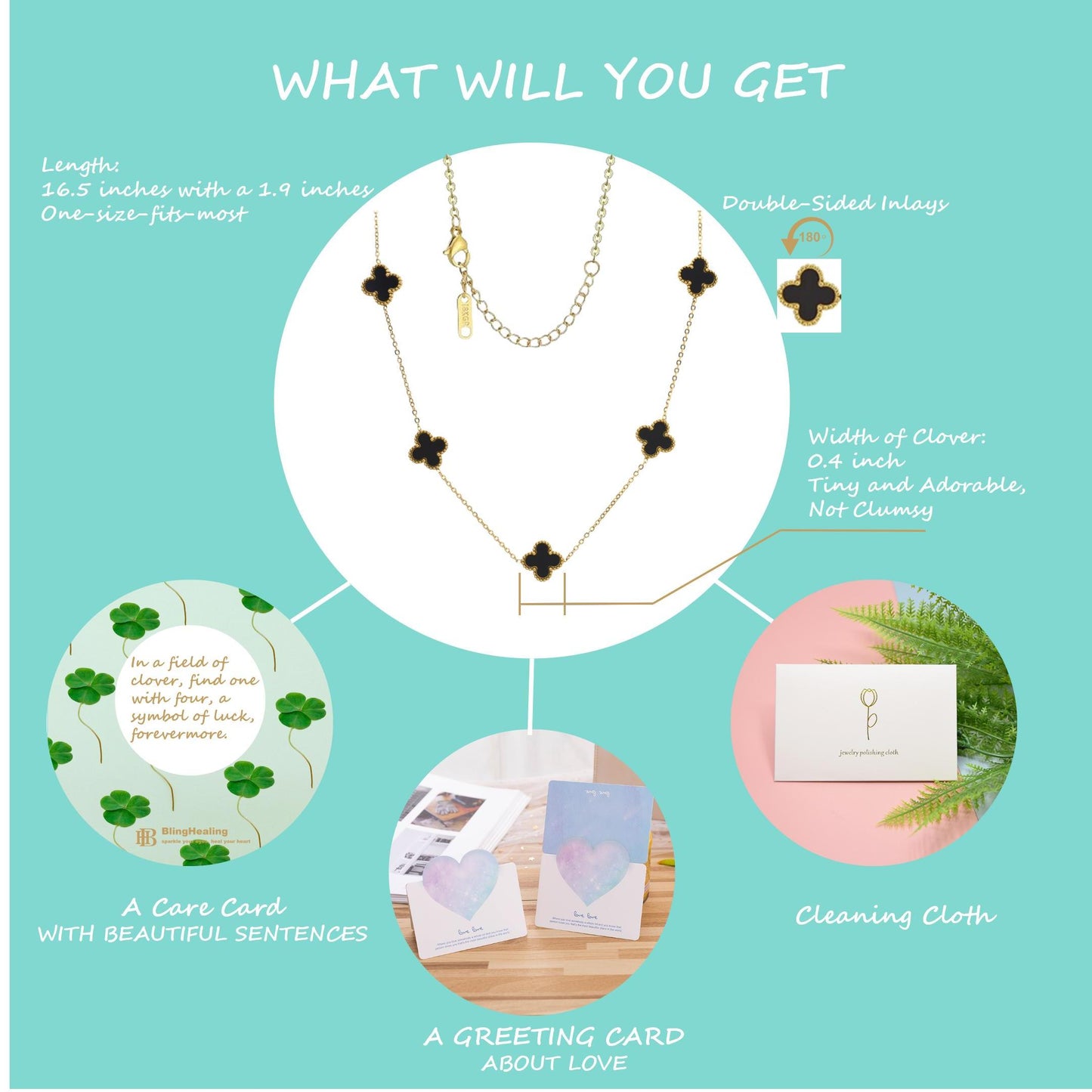 Gold Plated Four-Leaf Clover Necklace with Love Greeting Cards and Cleaning Cloth, Adjustable Double-Sided Inlays Black Clover Necklace Gold Jewelry Set, Gold Necklaces for Women