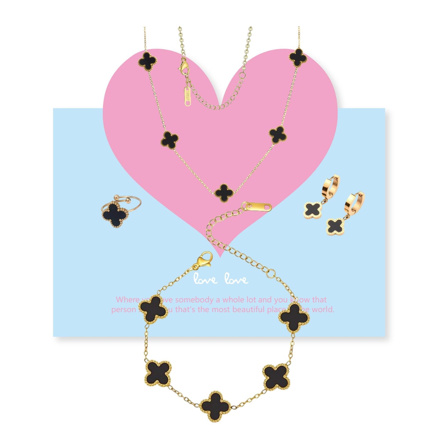 Gold Plated Four-Leaf Clover Necklace with Love Greeting Cards and Cleaning Cloth, Double-Sided Inlays Black Clover Necklace/Bracelet/Ring/Earrings Gold Jewelry Set, Gold Gold Necklaces for Women