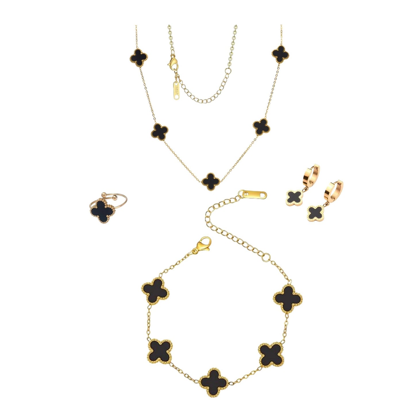 Gold Plated Four-Leaf Clover Necklace with Love Greeting Cards and Cleaning Cloth, Double-Sided Inlays Black Clover Necklace/Bracelet/Ring/Earrings Gold Jewelry Set, Gold Gold Necklaces for Women