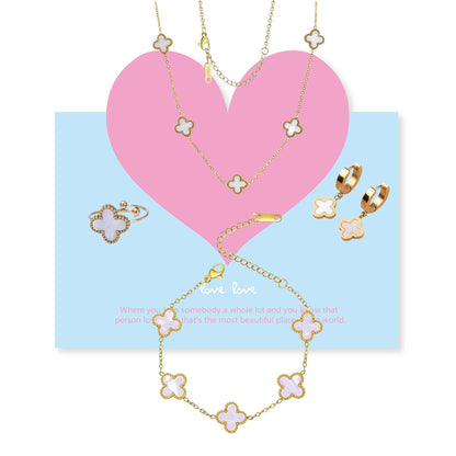 Gold Plated Four-Leaf Clover Necklace with Love Greeting Cards and Cleaning Cloth, Double-Sided Inlays White Clover Necklace/Bracelet/Ring/Earrings Gold Jewelry Set, Gold Gold Necklaces for Women