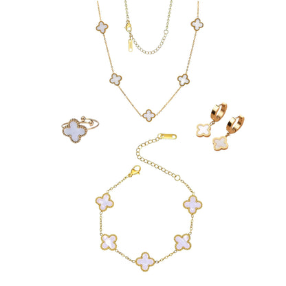 Gold Plated Four-Leaf Clover Necklace with Love Greeting Cards and Cleaning Cloth, Double-Sided Inlays White Clover Necklace/Bracelet/Ring/Earrings Gold Jewelry Set, Gold Gold Necklaces for Women