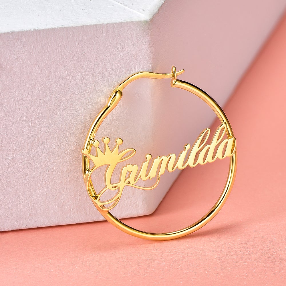 Gold Plated Crown Hoop Personalized Name Earrings-silviax