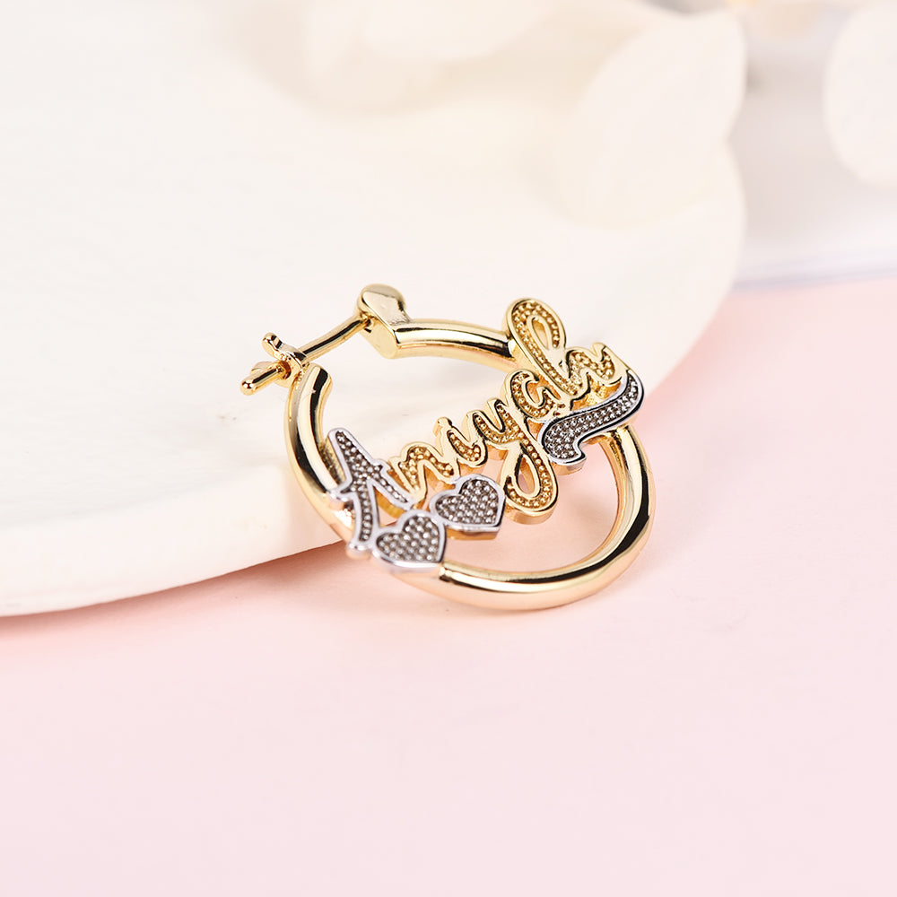 Gold Plated Hoop Personalized Name Earrings With Two Heart-silviax