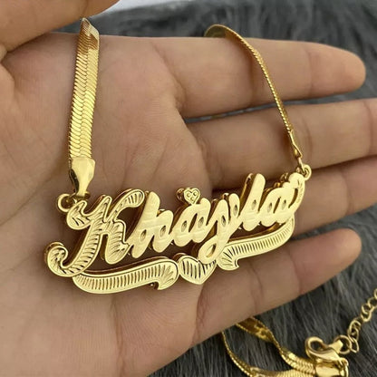 Double Layer Nameplate With Heart Pendant Personalized Custom Gold Plated Name Necklace Snake Chain-silviax