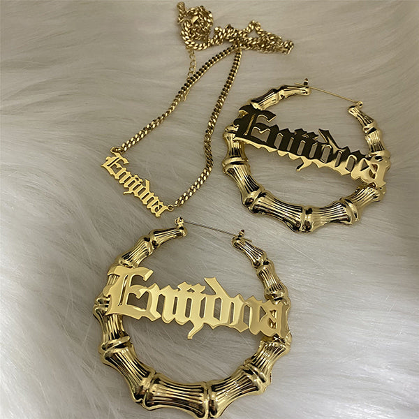 Old English Style Jewelry Set Personalized Name Necklace Bamboo Earrings Set