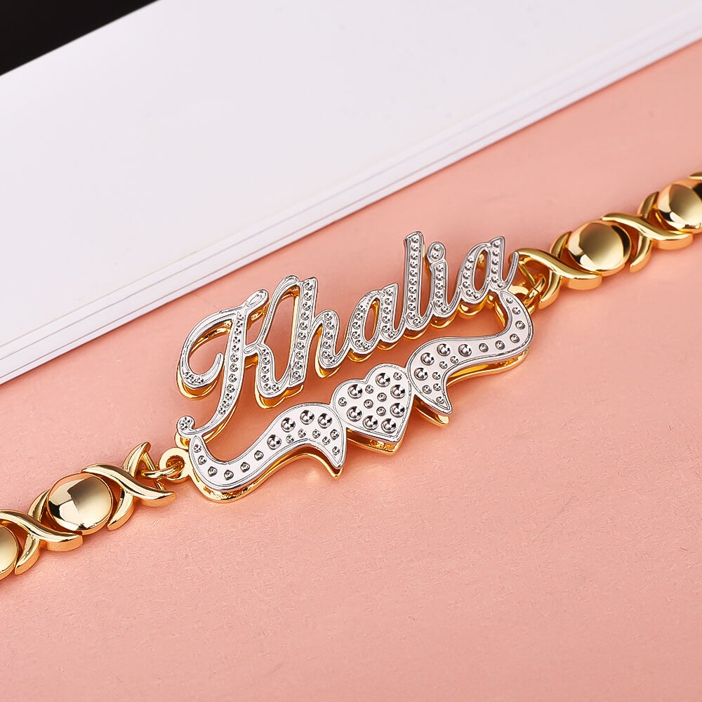 Double Layer Two Tone Heart Nameplate with XOXO Chain Personalized Custom Gold Plated Name Bracelet