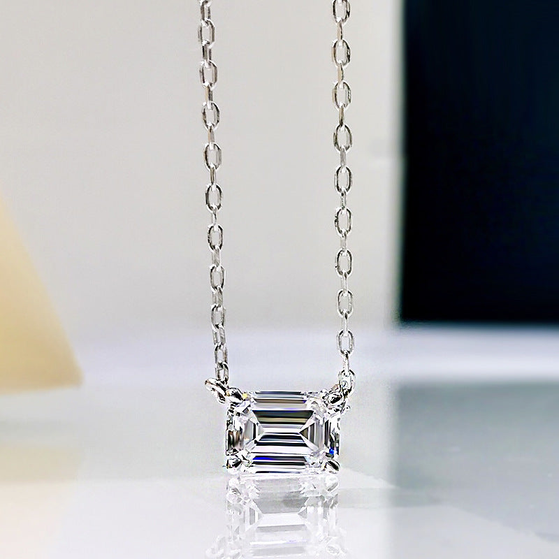 Simple Emerald Cut Pendant Necklace In Sterling Silver