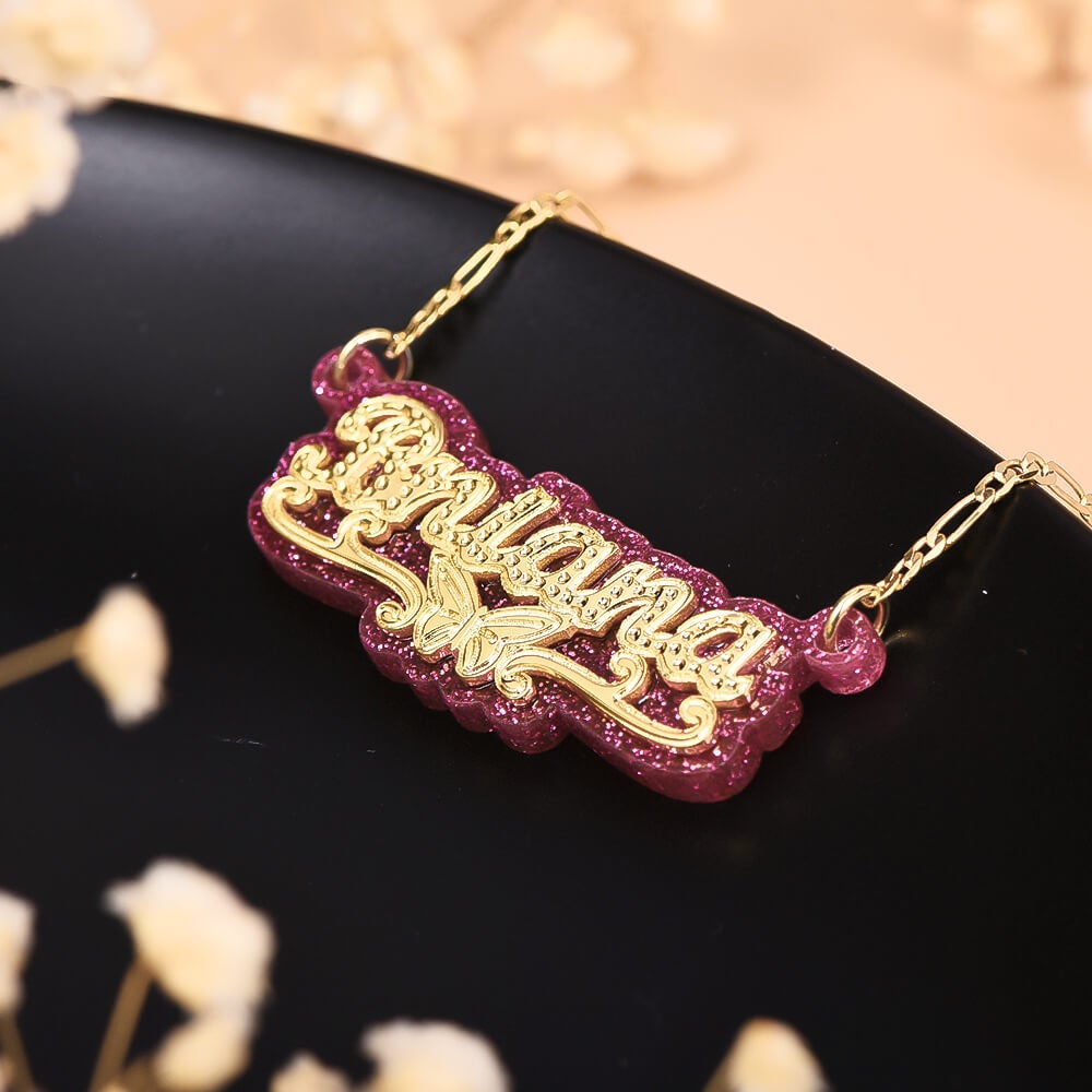 Double Plate Pink Acrylic Butterfly Personalized Custom Gold Plated Name Necklace-silviax