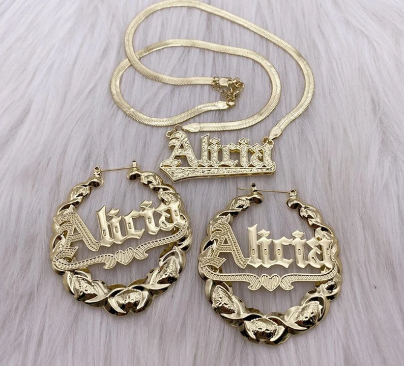 Double Layer Gold Plated Snake Chain Name Necklace And Heart Nameplate Name Bamboo Earrings Set-silviax