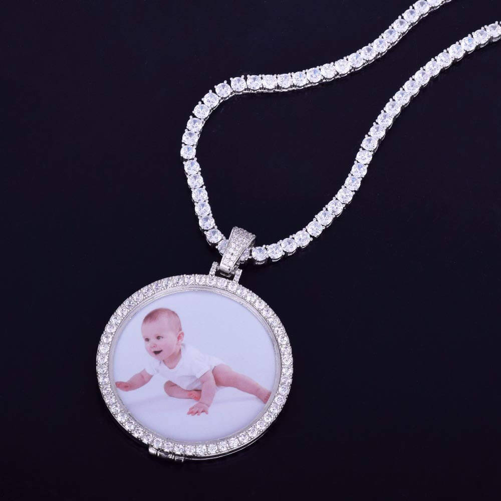 Round Pendant Inlaid Cubic Zirconia with Tennis Chain Personalized Custom Photo Necklace-silviax