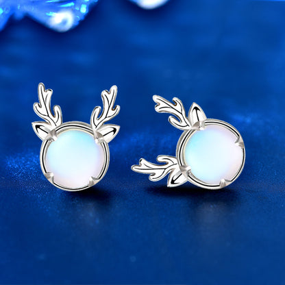 Christmas Gift Reindeer Design Moonstone Stud Earrings In Sterling Silver