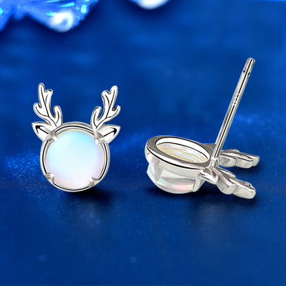 Christmas Gift Reindeer Design Moonstone Stud Earrings In Sterling Silver