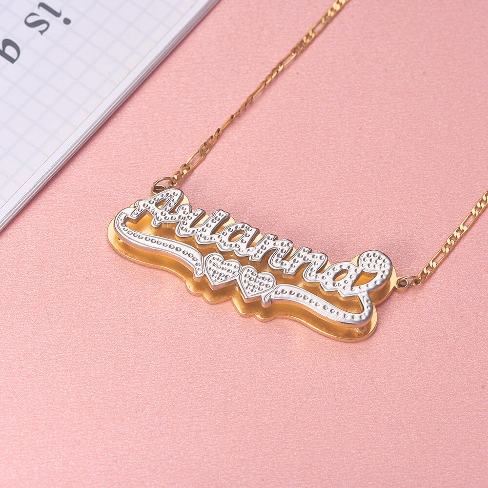 Personalized Custom Double Layer Two Tone Double Hearts Gold Plated Name Necklace-silviax