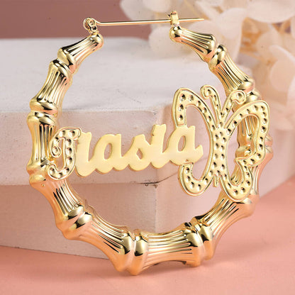 Butterfly Hoop Bamboo Personalized Custom Name Earrings Gold Plated