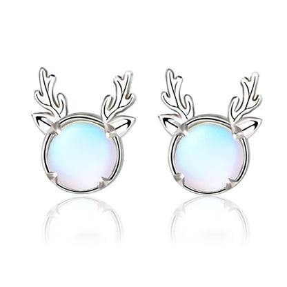 Christmas Gift Reindeer Design Moonstone Stud Earrings In Sterling Silver