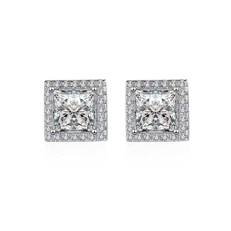 Fashion Halo Princess Cut Sona Simulated Diamond Stud Earrings In Sterling Silver