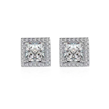 Fashion Halo Princess Cut Sona Simulated Diamond Stud Earrings In Sterling Silver