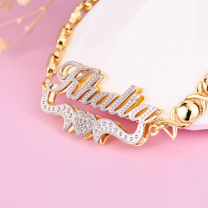 Double Layer Two Tone Heart Nameplate with XOXO Chain Personalized Custom Gold Plated Name Bracelet-silviax